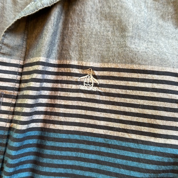 Great short sleeve button up by Original Penguin. Men’s medium; blue w stripes - Picture 3 of 8